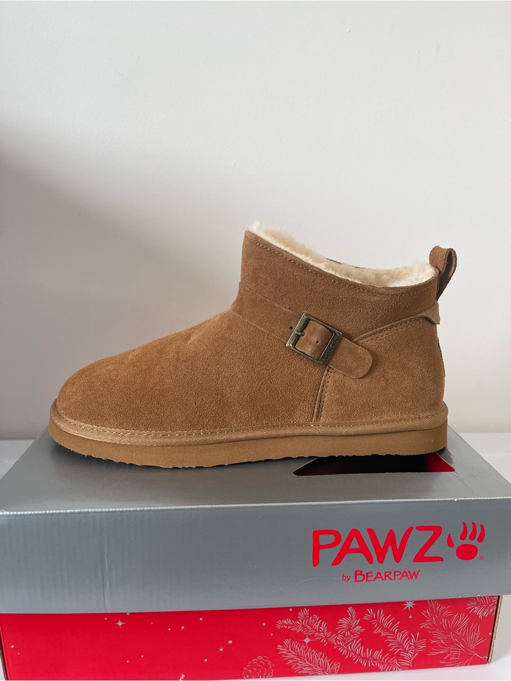 BearPaw Women's Chestnut Suede Ankle Boot with Shearling Trim and Buckle